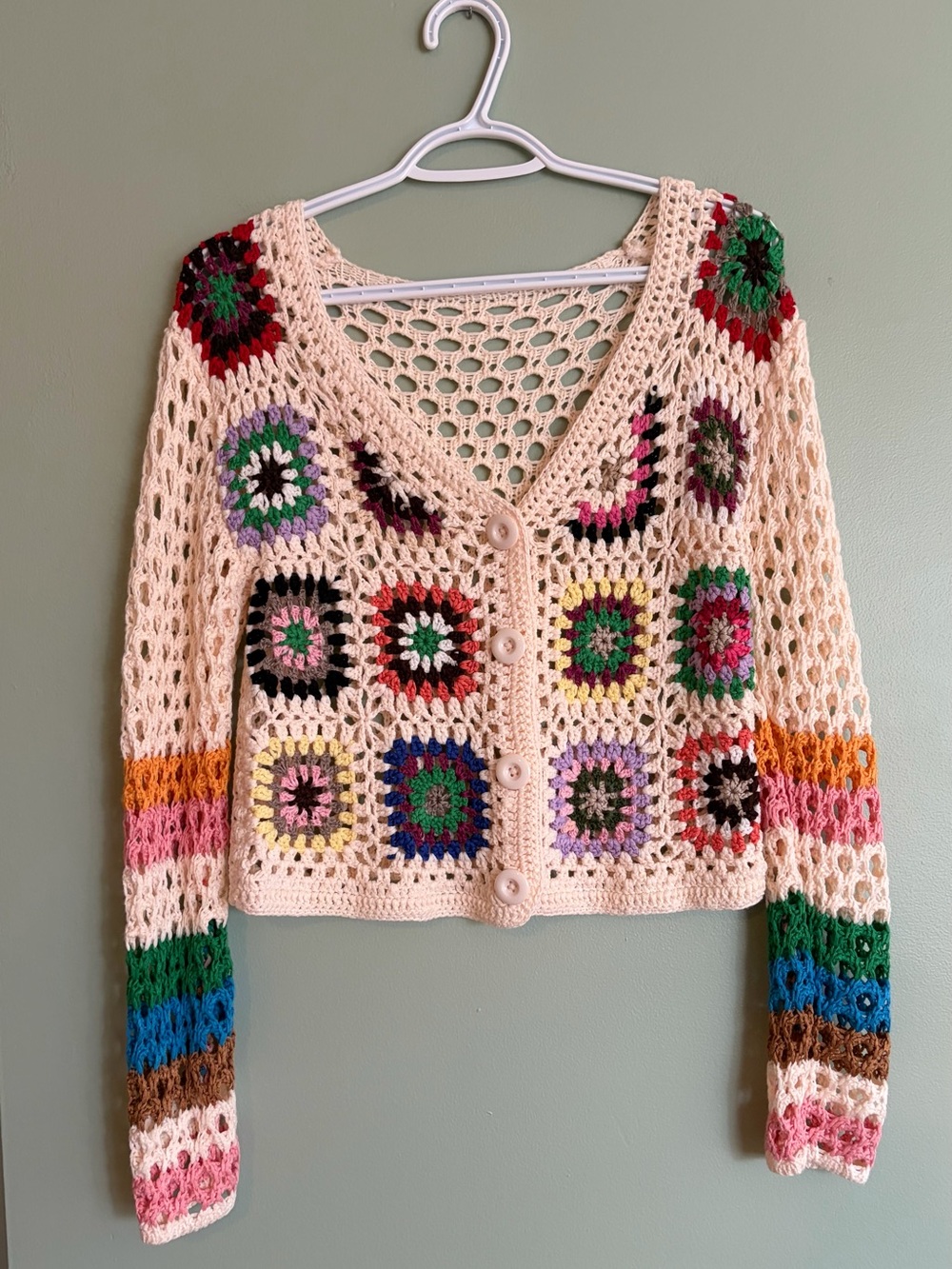 Crochet Granny Square Cardigan S Vintage Style Colorful Knit Crop Boho Sweater